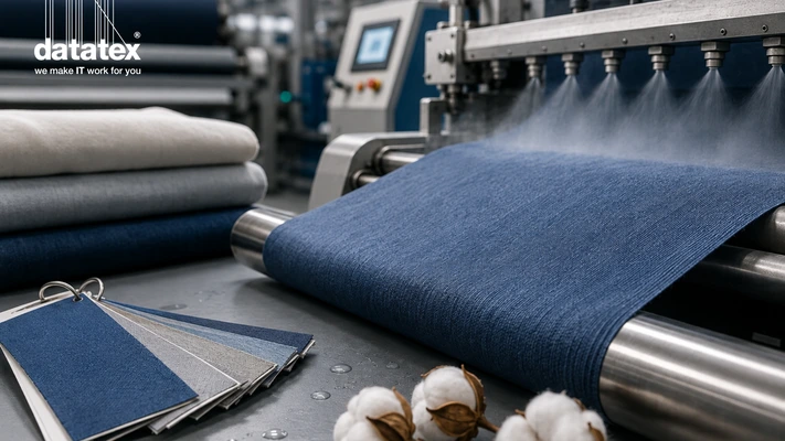Textile finishing machine processing blue fabric with fabric samples and cotton in the foreground